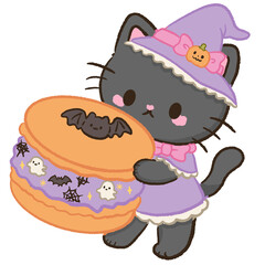 Fototapeta premium Cute Kawaii Chibi Black Cat Holding a Giant Haunted Macaron with Ghost Filling and Bat Cookie Halloween Pastel Clipart Illustration