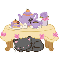 Fototapeta premium Cute Kawaii Chibi Black Cat Sleeping Beneath a Haunted Tea Table with Purple Teapot Ghost Cake Cozy Halloween Clipart Illustration