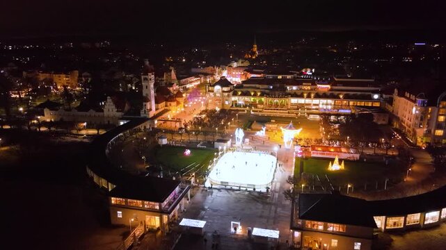 lluminated Christmas decorations in Sopot at dusk. Poland