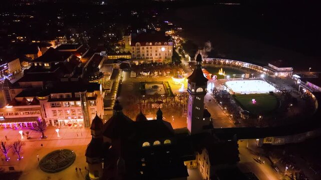 lluminated Christmas decorations in Sopot at dusk. Poland