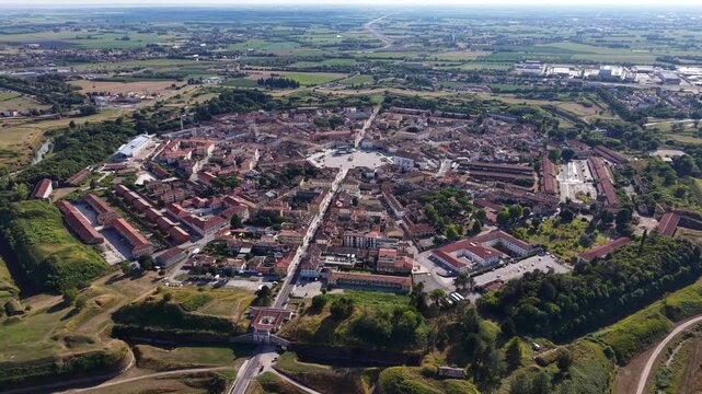 Aerial footage of star fort city - Palmanova, Italy