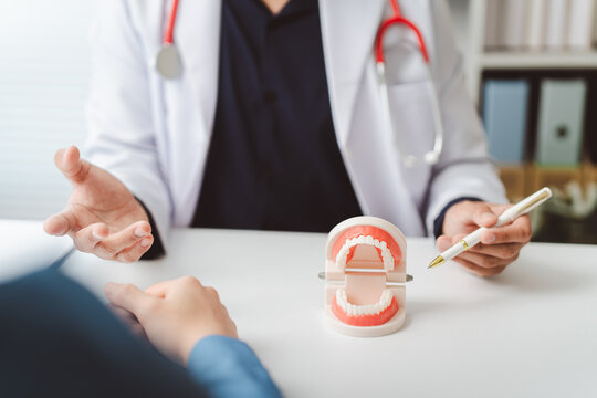 Dentist explaining treatment and oral health using a dental jaw model and pen during a professional consultation, educating patient about care, prevention, and endodontic options