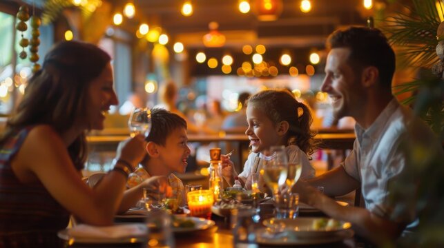 Family members share a joyful meal and toast with glasses at a restaurant table during the evening.