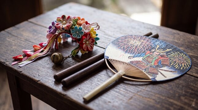 Traditional Japanese decorative items including a colorful floral kanzashi hair ornament, a folding uchiwa fan with samurai design, and wooden sticks on wood