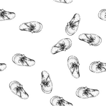 seamless pattern footwear flip flops hand drawn. comfort slip, on pool, vacation style footwear flip flops black sketch illustration