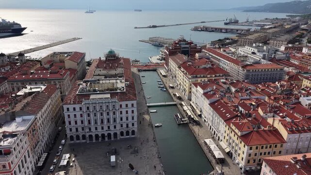 Drone shot of Grand Canal (Canal Grande) in Trieste city center, Italy