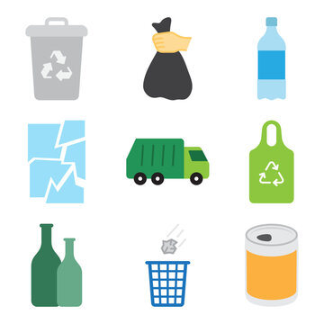 Waste management and garbage recycling color flat icons set