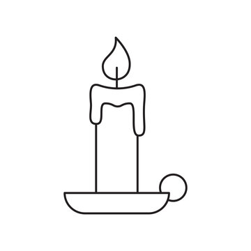 Burning wax candle in a candlestick vector line art