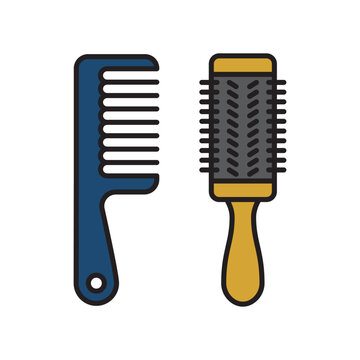 Hair comb and round hairbrush line icons set