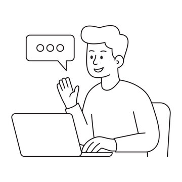 Smiling man waving hand during video conference call outline graphics