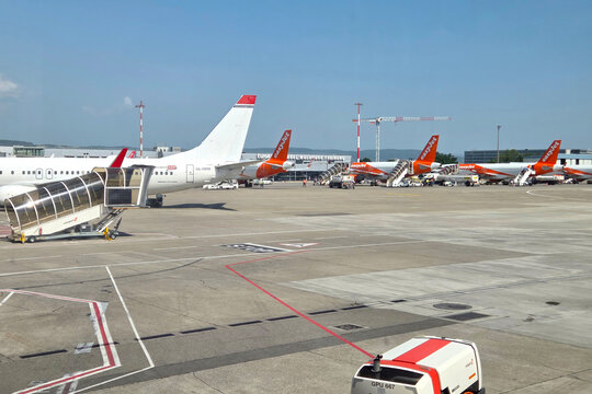Basel, Switzerland, May 25, 2026: Commercial Airliners on Airport Tarmac for Travel and Transportation