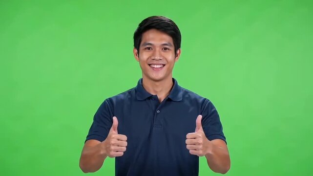 Positive Asian man wearing a blue polo shirt smiling and showing double thumbs up gesture for approval on a chroma key green background studio.