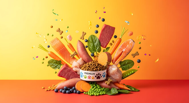 Explosion of fresh ingredients and kibble for high quality pet nutrition with displays dynamic explosion raw meat