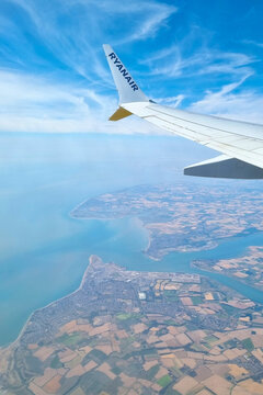 London, United Kingdom, July 10, 2026: Aerial View from Ryanair Flight Over Scenic Coastline