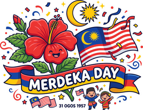 Cute malaysia merdeka day doodle illustration with hibiscus and flag
