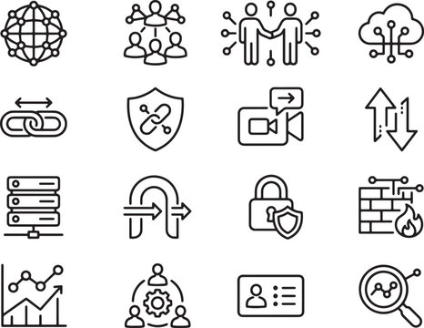 Modern Minimalist Flat Icons Set Featuring Networking, Security, Collaboration, Data, and Analytics Concepts in Clean Line Art Style
