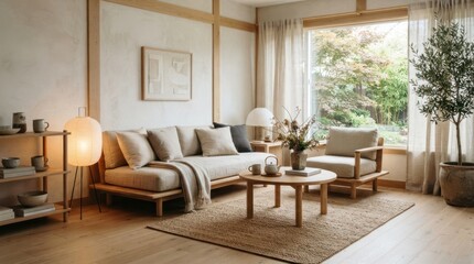 Fototapeta premium Comfortable living room interior design with natural elements and soft lighting