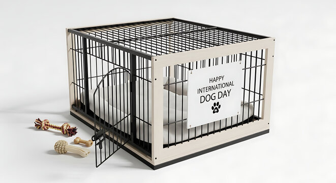 Modern dog crate with comfortable bedding and play toys for domestic pet care celebration with interior cushion