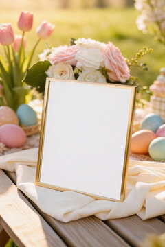 Vertical 8x10 gold metal frame mockup featuring a blank white paper sign template with Easter eggs and spring flowers.