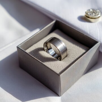 Silver wedding ring in gray box