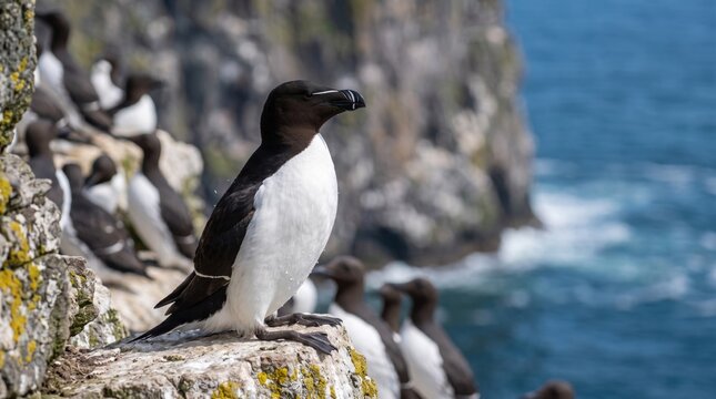 razorbill (alca torda) standing on a cliff ledge