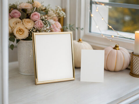 Vertical 8x10 gold metal frame mockup and card template with pink pumpkins and roses near window.