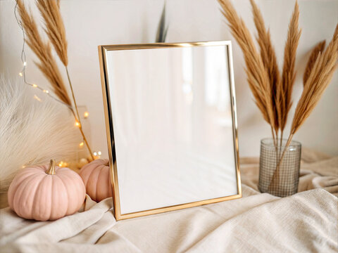 Vertical 8x10 gold metal frame mockup featuring a blank white paper sign template with pink pumpkins and pampas grass.