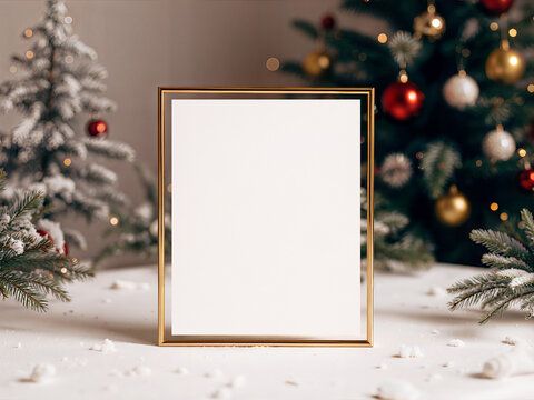 Vertical 8x10 gold metal frame mockup featuring a blank white paper sign template with snow, pine branches, and Christmas ornaments.