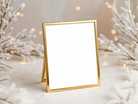 Vertical 8x10 gold metal stand frame mockup featuring a blank white paper sign template with frosted branches and lights.