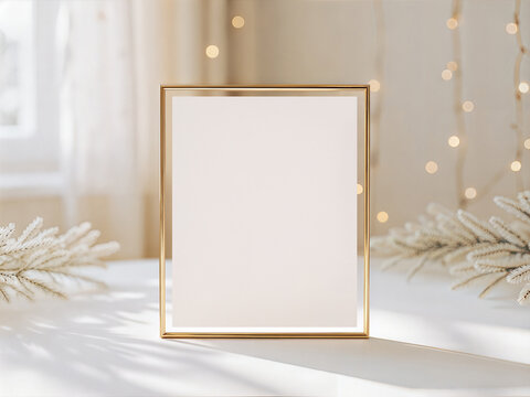 Vertical 8x10 gold metal frame mockup featuring a blank white paper sign template with pine branches and lights.