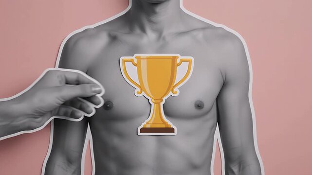Hand Placing Golden Trophy Cutout on Person Chest for Success