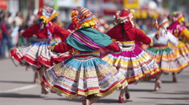 Colorful traditional dance with peruvian costumes in vibrant festival parade
