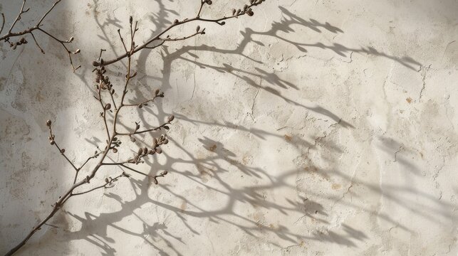 Tree branches cast intricate shadows against a weathered concrete wall in the soft morning light.