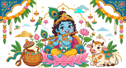 Naklejka premium Cute baby krishna playing flute with cow and butter pot for janmashtami