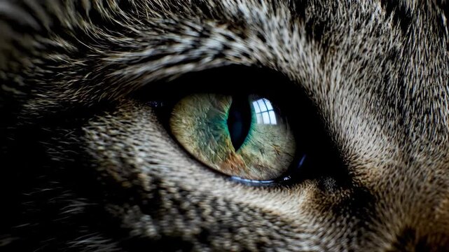 Close up of a cat eye with dramatic blue reflections