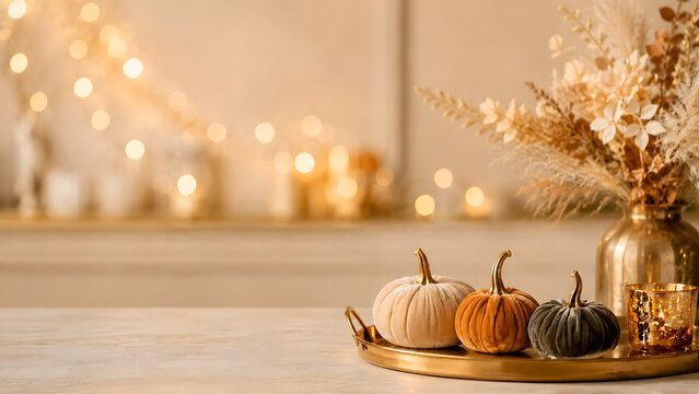 Autumn decorative velvet pumpkins on gold tray, cozy fall home interior with bokeh lights, elegant thanksgiving table setting with dried flowers