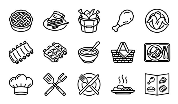 American Comfort Food and BBQ Icon Set Featuring Fried Chicken Pie Pork Ribs Picnic Basket Chef Hat and Restaurant Menu Line Art Symbols