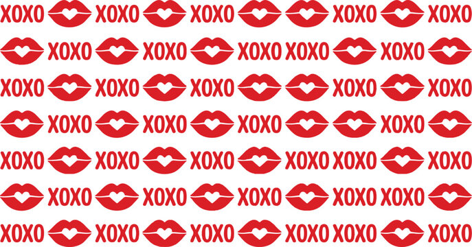 Seamless pattern with red lipstick kiss marks and xoxo text for valentines day background design