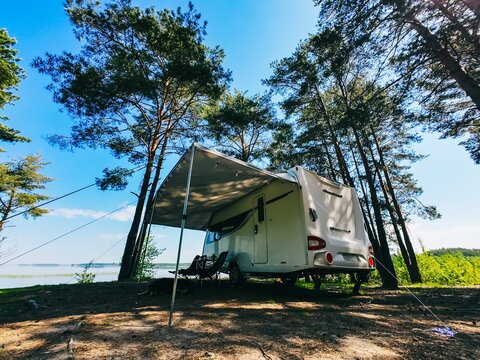 Camper trailer parked under lush pine trees near tranquil lakeside during sunny afternoon