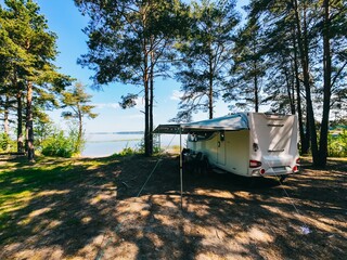 Camping trailer parked under tall pine trees by a serene lake with clear blue skies