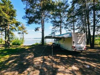 Camping trailer parked under tall pine trees by a serene lake with clear blue skies © NBLX