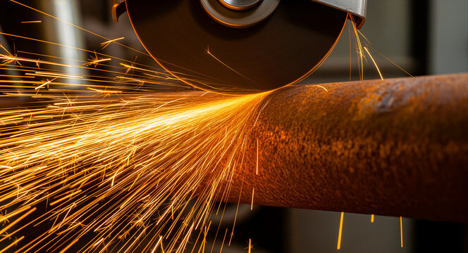Metal grinder cutting through a steel pipe with glowing sparks. Close up of industrial machinery working on metal fabrication. Heavy industry concept for construction and metalworking marketing.
