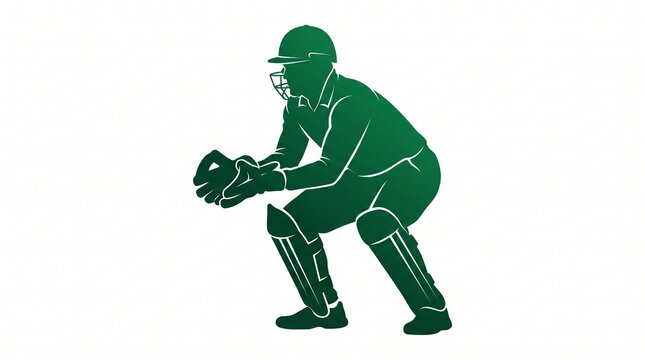 Cricket wicketkeeper in crouching stance. Athlete wearing protective gear ready for catch.