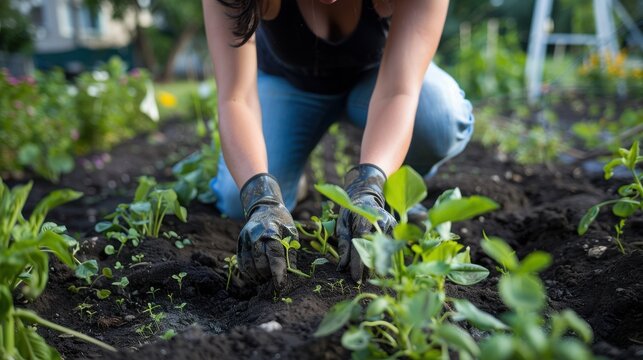 Gardener works in a vegetable patch by planting young seedlings into the dark soil during a sunny afternoon.