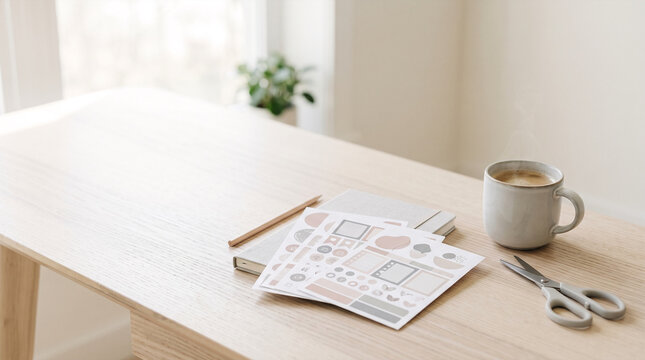 Overhead view of desk with notebook, stickers, coffee, and scissors