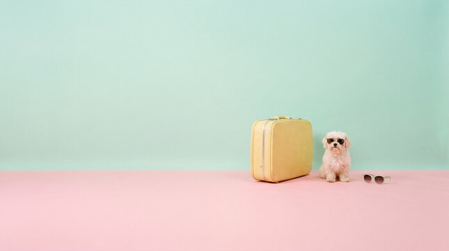 Small dog wearing sunglasses sits by yellow suitcase on pastel background