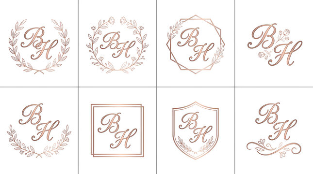 Rose gold wedding monogram collection with BH initials and floral wreaths elegant logo design by alevidhanu for invitations and branding