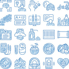 Fototapeta premium Hand drawn blue scratch style icons presenting a wide range of topics including health, technology, food, transport, communication, and daily activities, symbolizing modern living