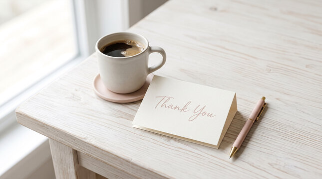 Coffee mug and thank you card on a light wooden desk