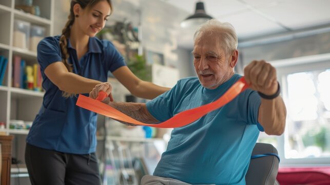 Physical therapist assists an elderly man with rehabilitation exercises using a bright orange resistance band.
